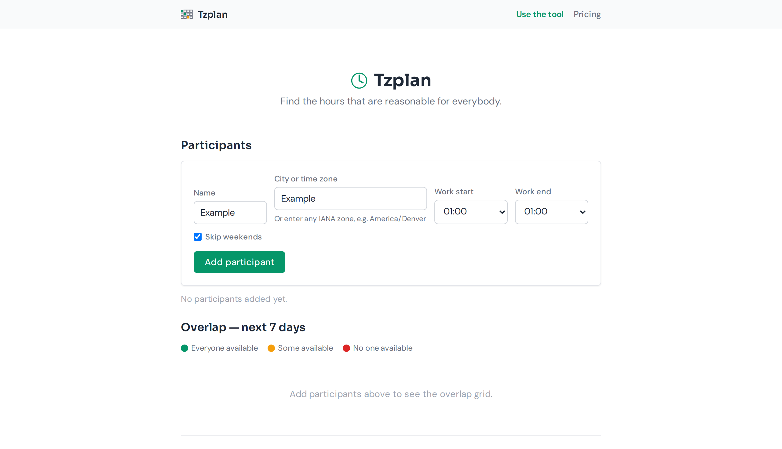 Tzplan screenshot showing a colour-coded weekly availability grid for three cities — London, New York and Tokyo — with green cells for consensus hours everyone can attend, amber for slots awkward for some, and red for outside-hours times. The participant list on the left and the date labels on top make the grid scannable at a glance.